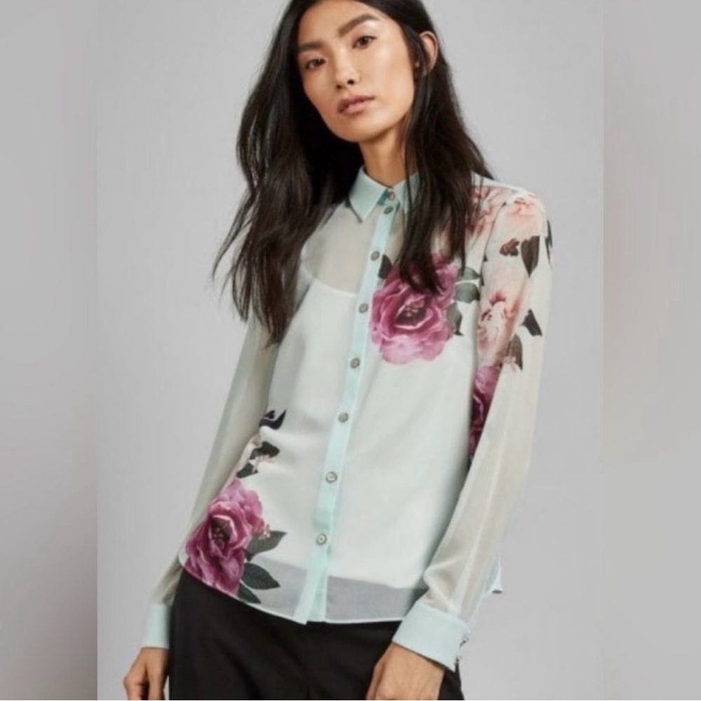 NWT Ted Baker Sheer Floral Button-Down Blouse - Light Blue/Pink - Picture 15 of 15